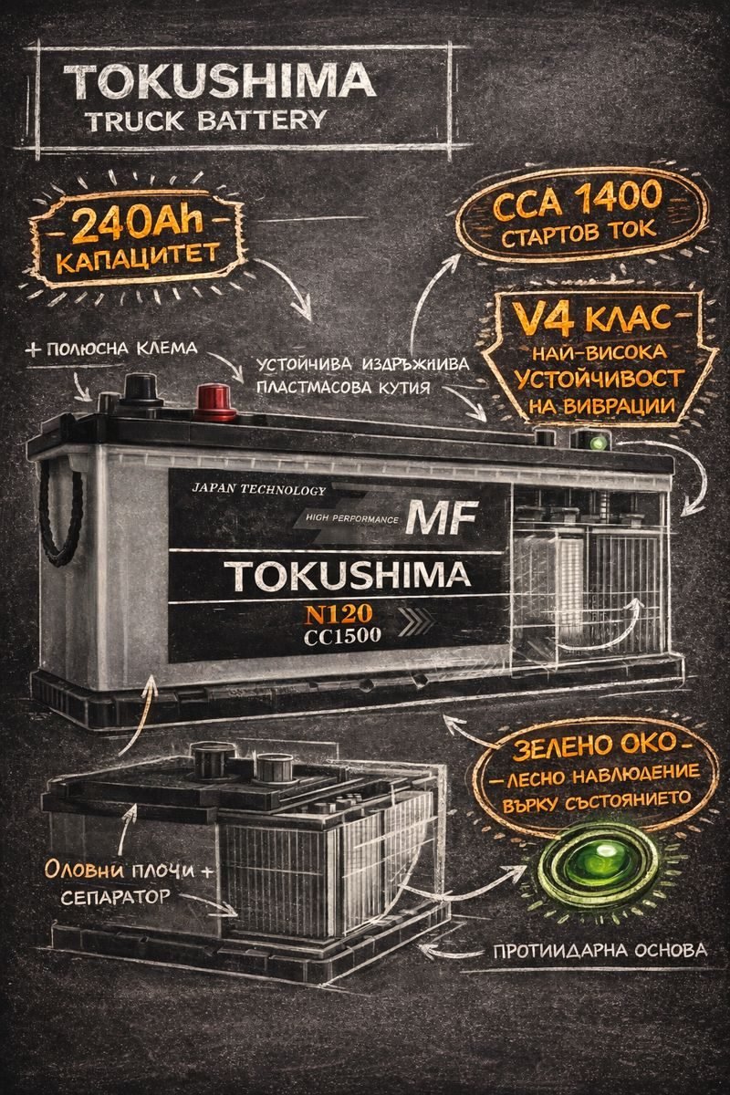 Tokushima акумулатор за камион – 240Ah капацитет, 1400A пусков ток, зелено око индикатор, противоударна основа
